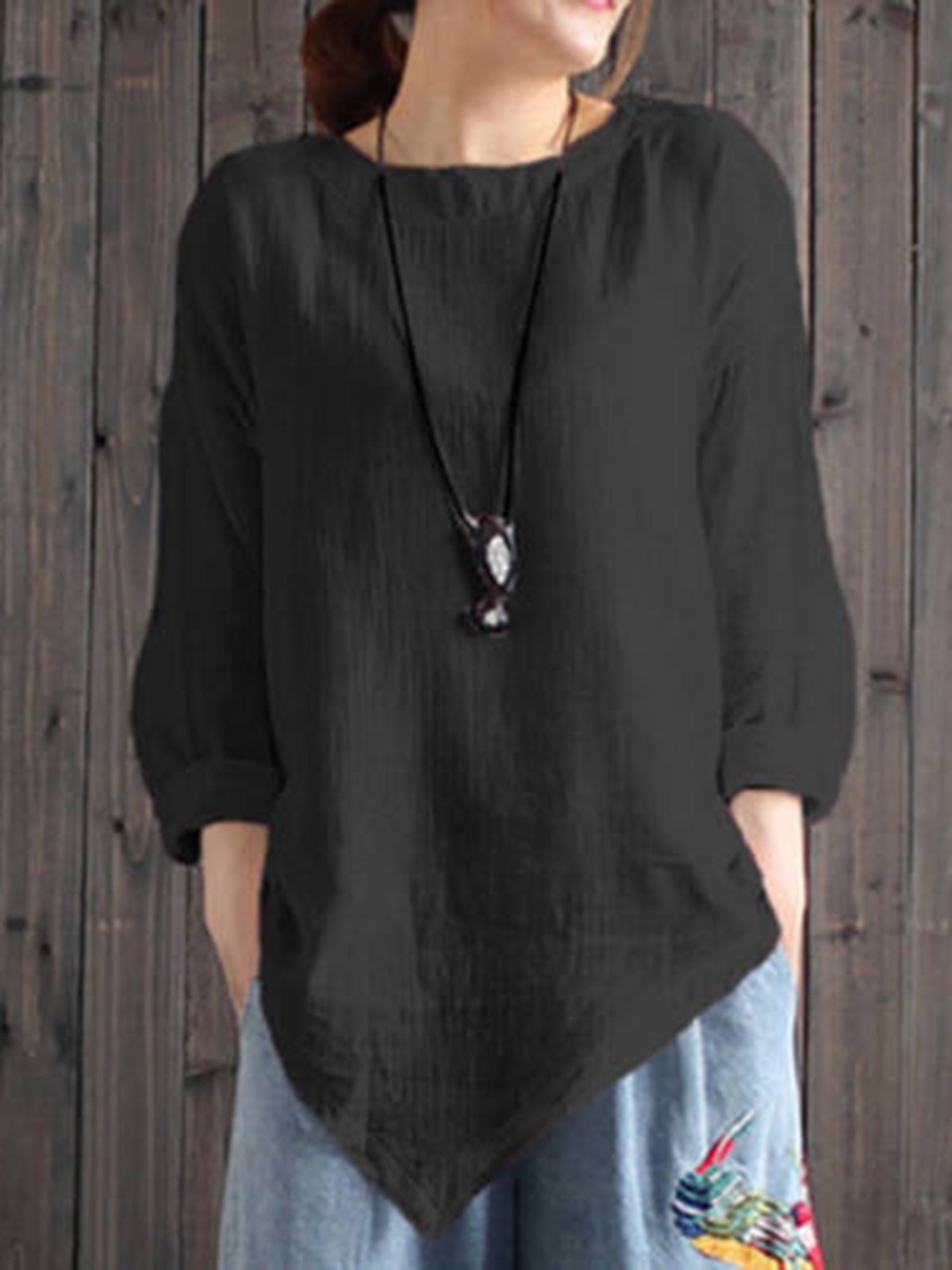 Women Cotton Crew Neck Casual Blouses Shirt