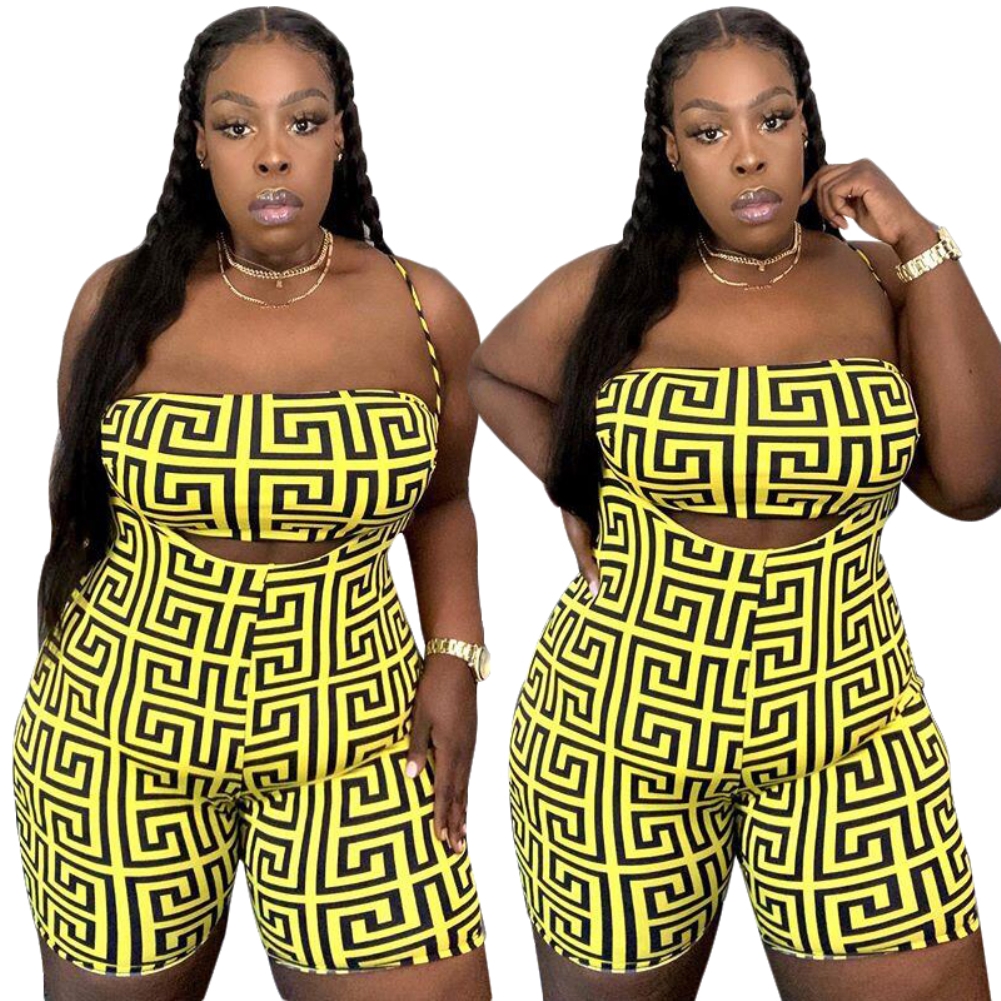Plus Size Print Two Piece Suspender Shorts Set