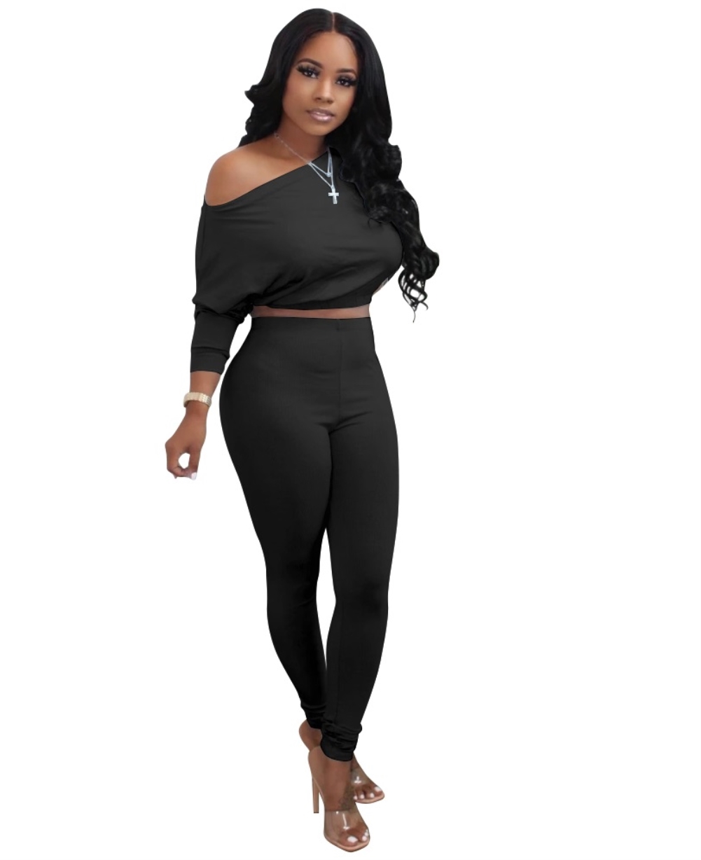 Fall Plain Crop Top and High Waist Legging Set