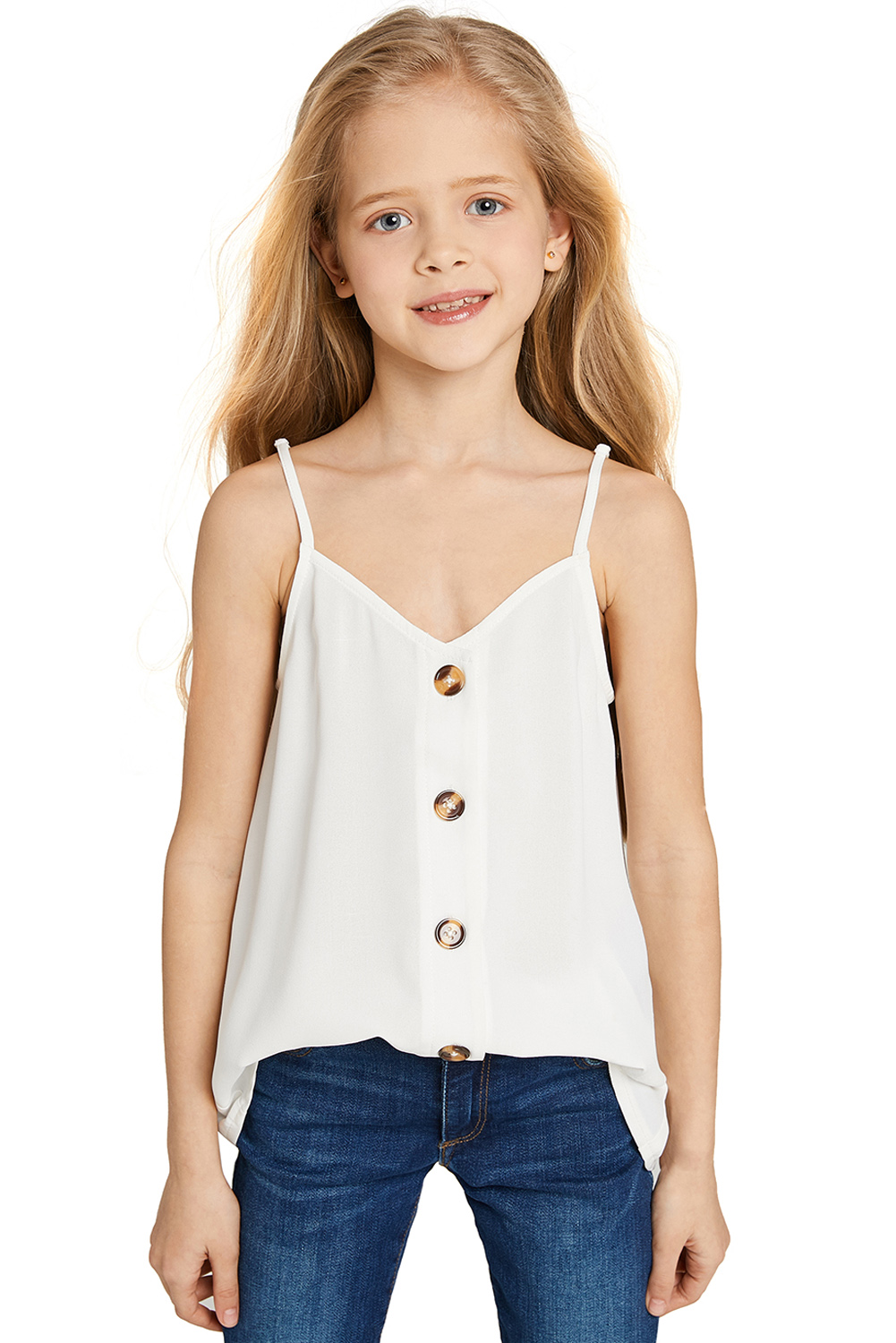 White Girls Sleeveless Button Down Cami Tank