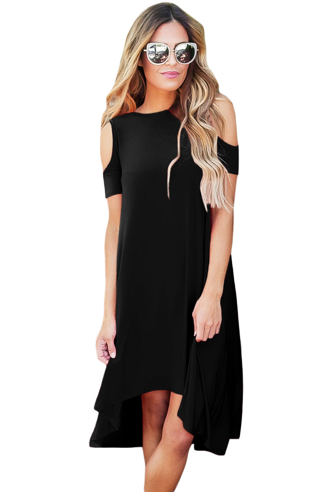 Black Cold Shoulder Short Sleeve High Low Dress