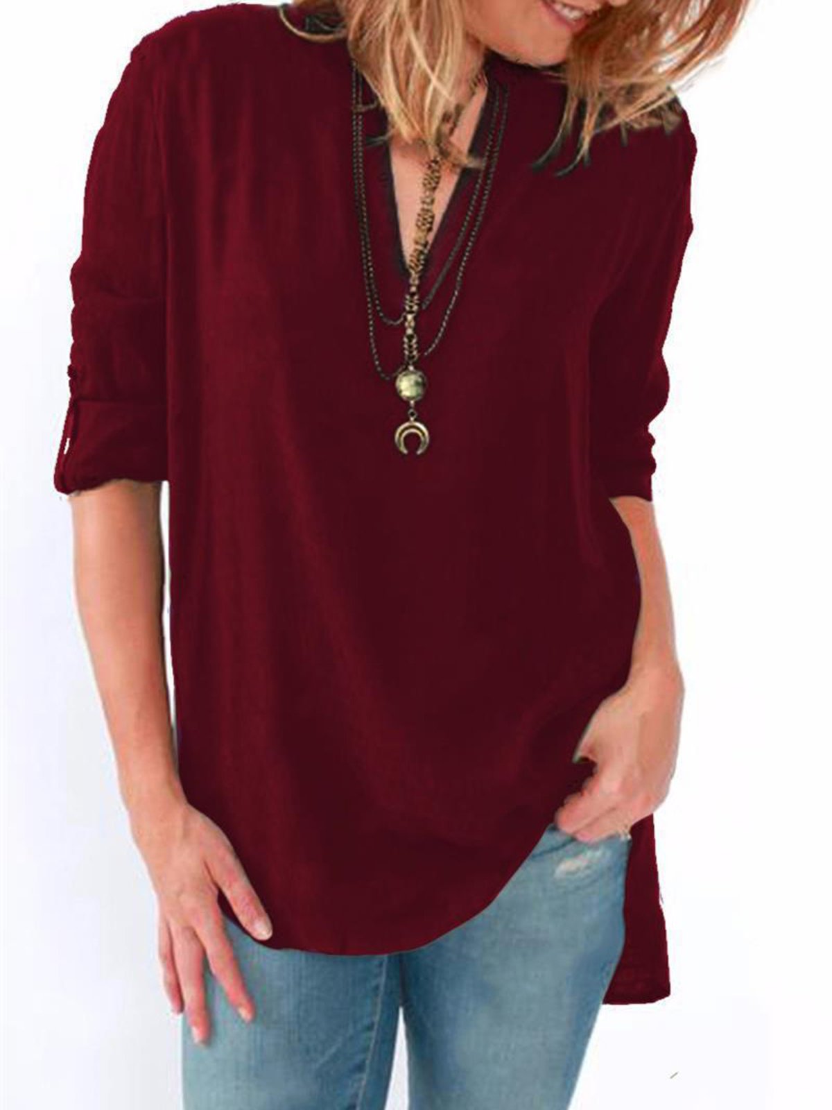 Dark Blue Basic Solid Polyester Blouses & Shirt