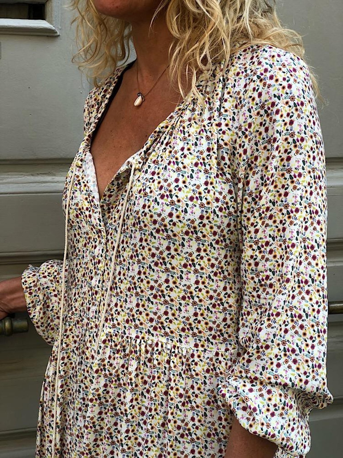 Women Shift Boho Floral Maxi Dresses Long Sleeve V Neck Daily Dresses