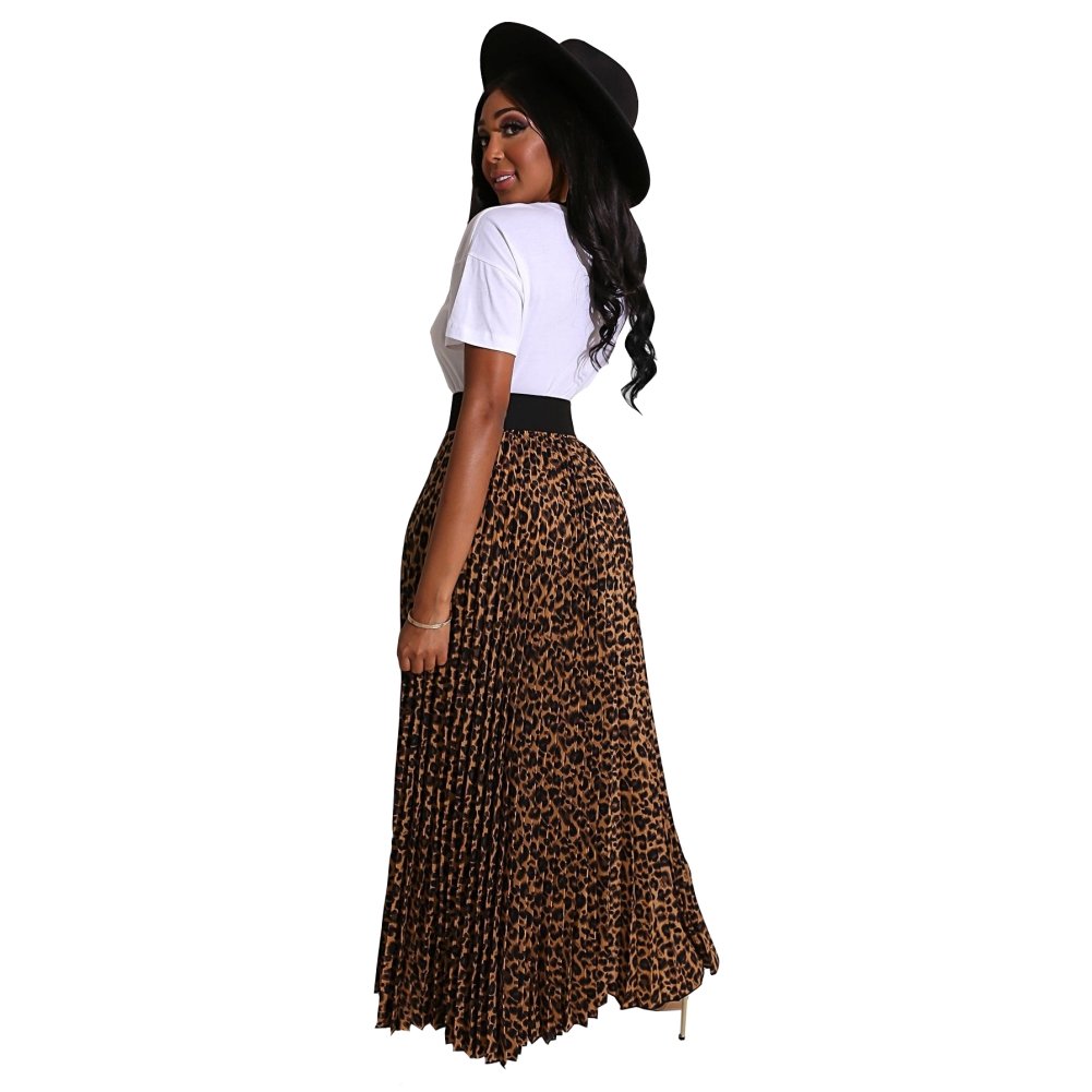 Print White Summer Shirt and Leopard Pleated Maxi Skirt Set