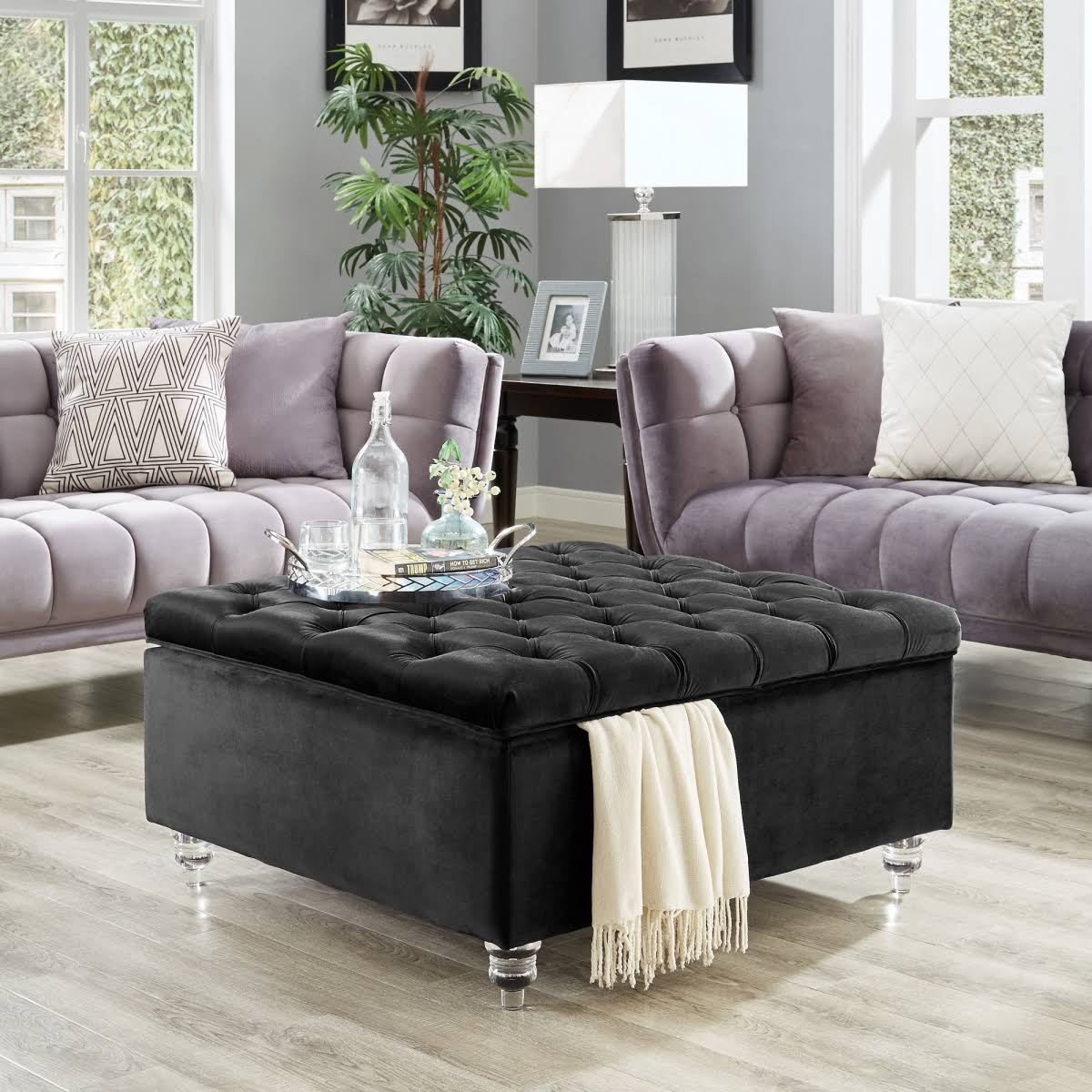 Posh Living Joshua Black Velvet Storage Ottoman - Square - Tufted - Lucite Legs