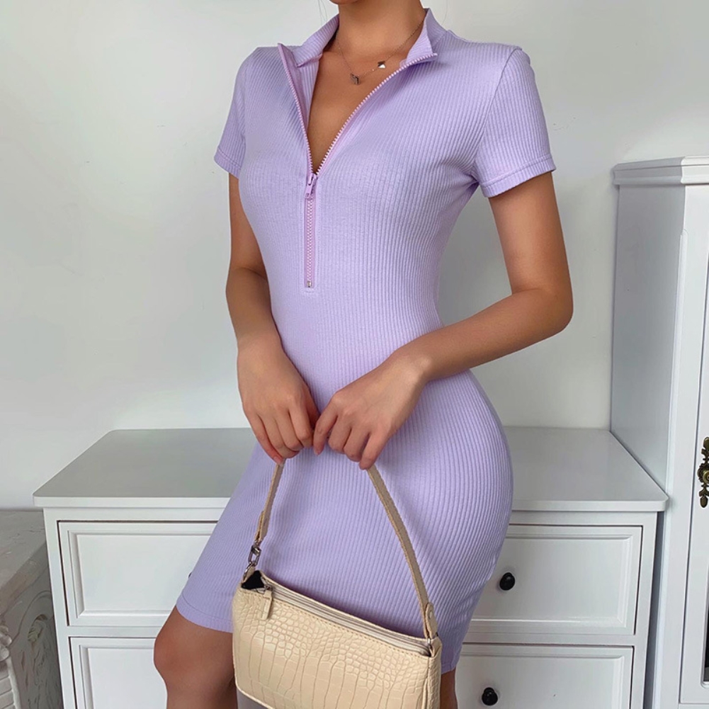 Casual Knitted Short Sleeve Zipper Mini Dress