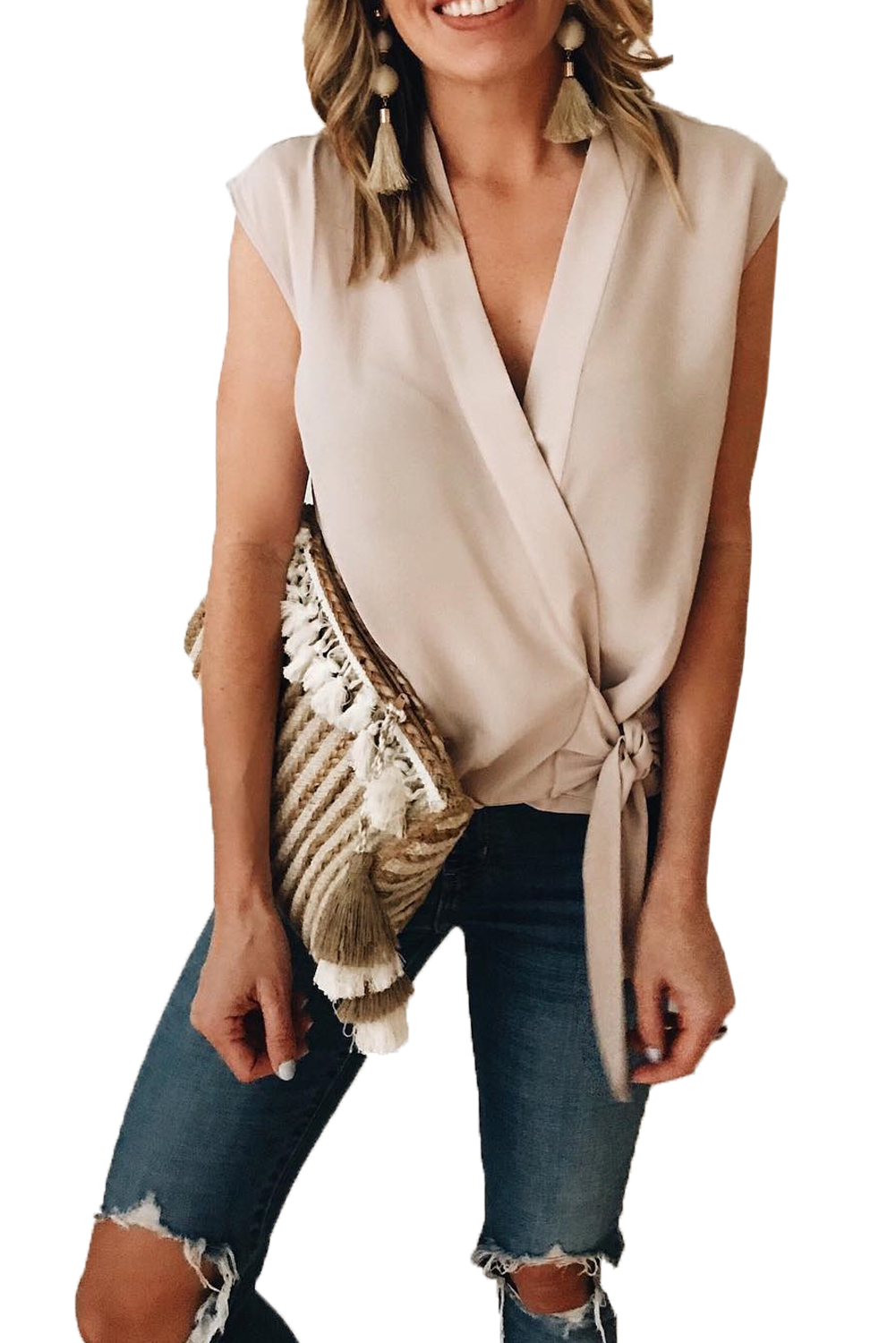 Apricot Surplice Bowknot Tank Top