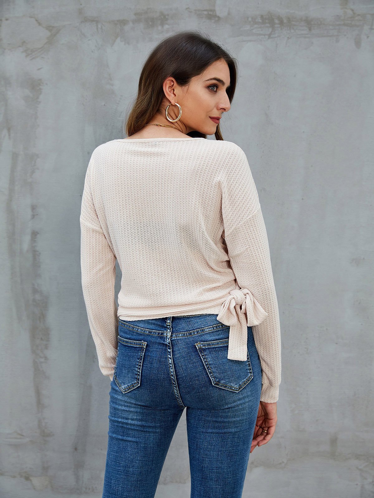 Apricot Casual Surplice Neck Knot Front Sweaters