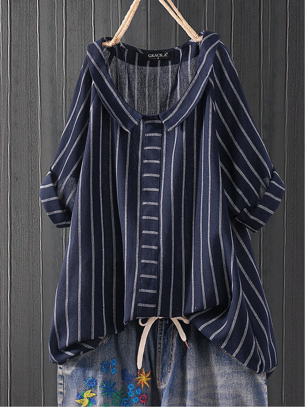 Sweet V Neck Half Sleeve Striped Shirts & Tops