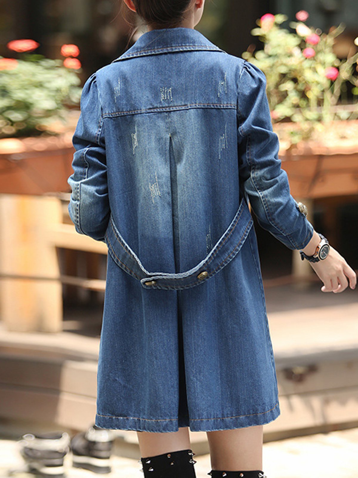 Washed Denim Pockets Long Sleeve Shawl Collar Plus Size Coat