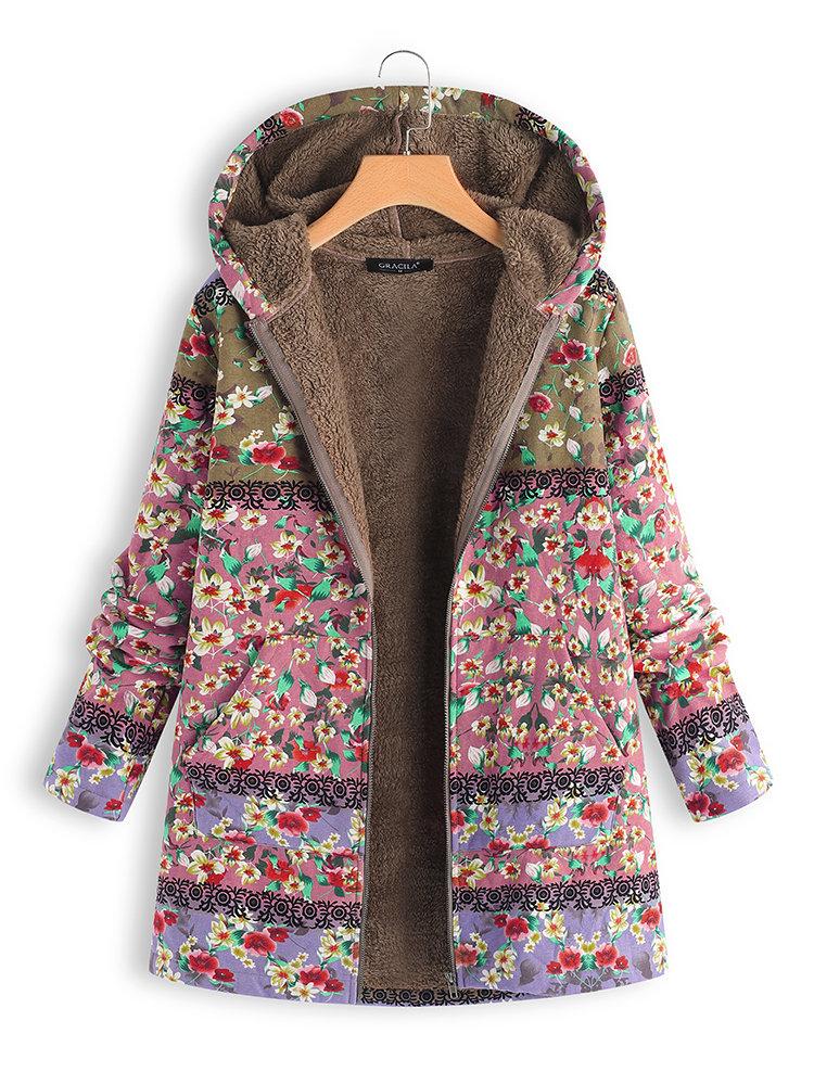 Patchwork Hoodie Casual Quilted Faux Fur Winter Coats