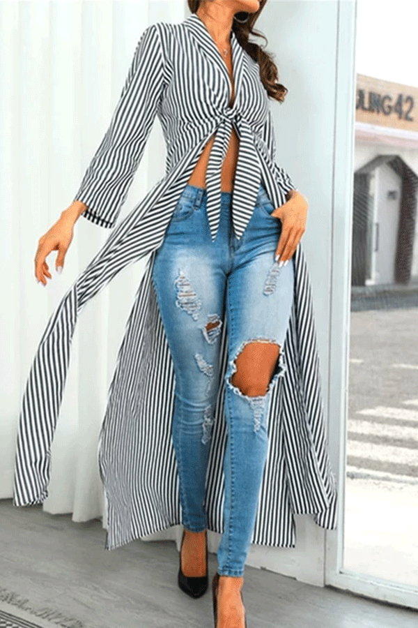 Sexy Striped Bow Long Sleeve Long Cardigan