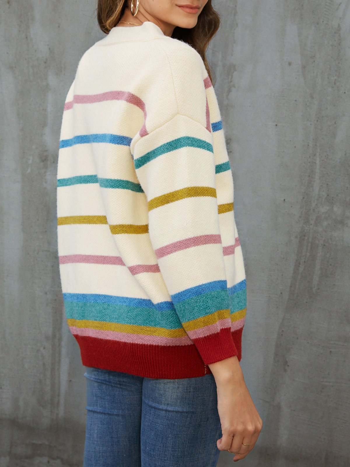 Beige Long Sleeve V Neck Sweater