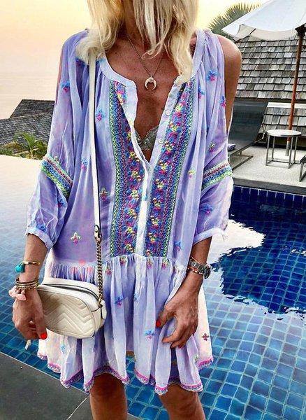 V Neck Long Sleeve Holiday Patchwork Casual Dresses