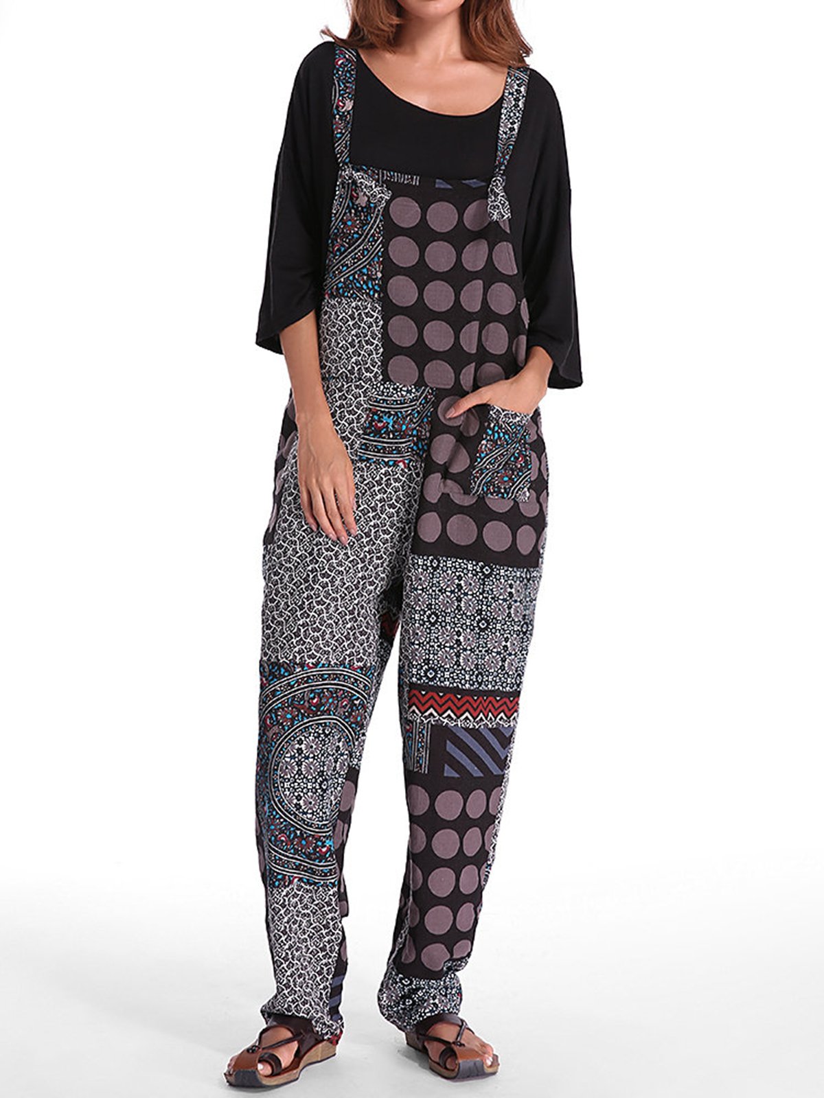 Pockets Casual Patchwork Plus Size Jumpsuit