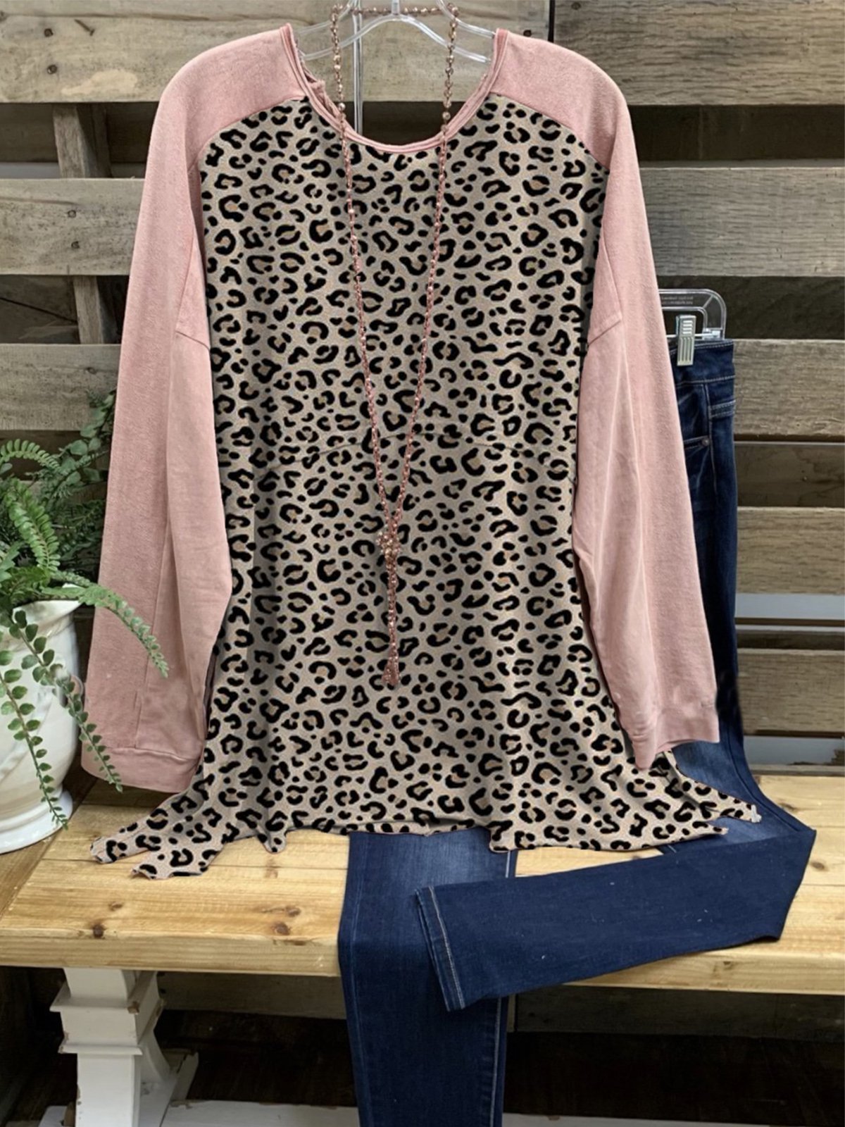 Pink Round Neck Casual Leopard Shirts & Tops