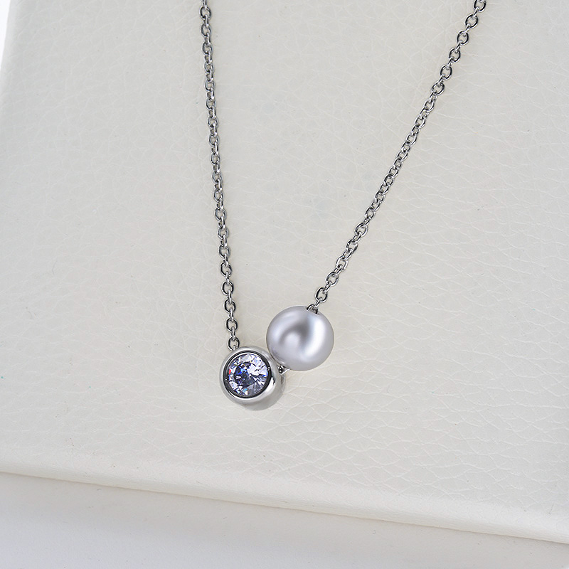 Simple Pearl With Clear Zircon Charm Silver Necklace For Women