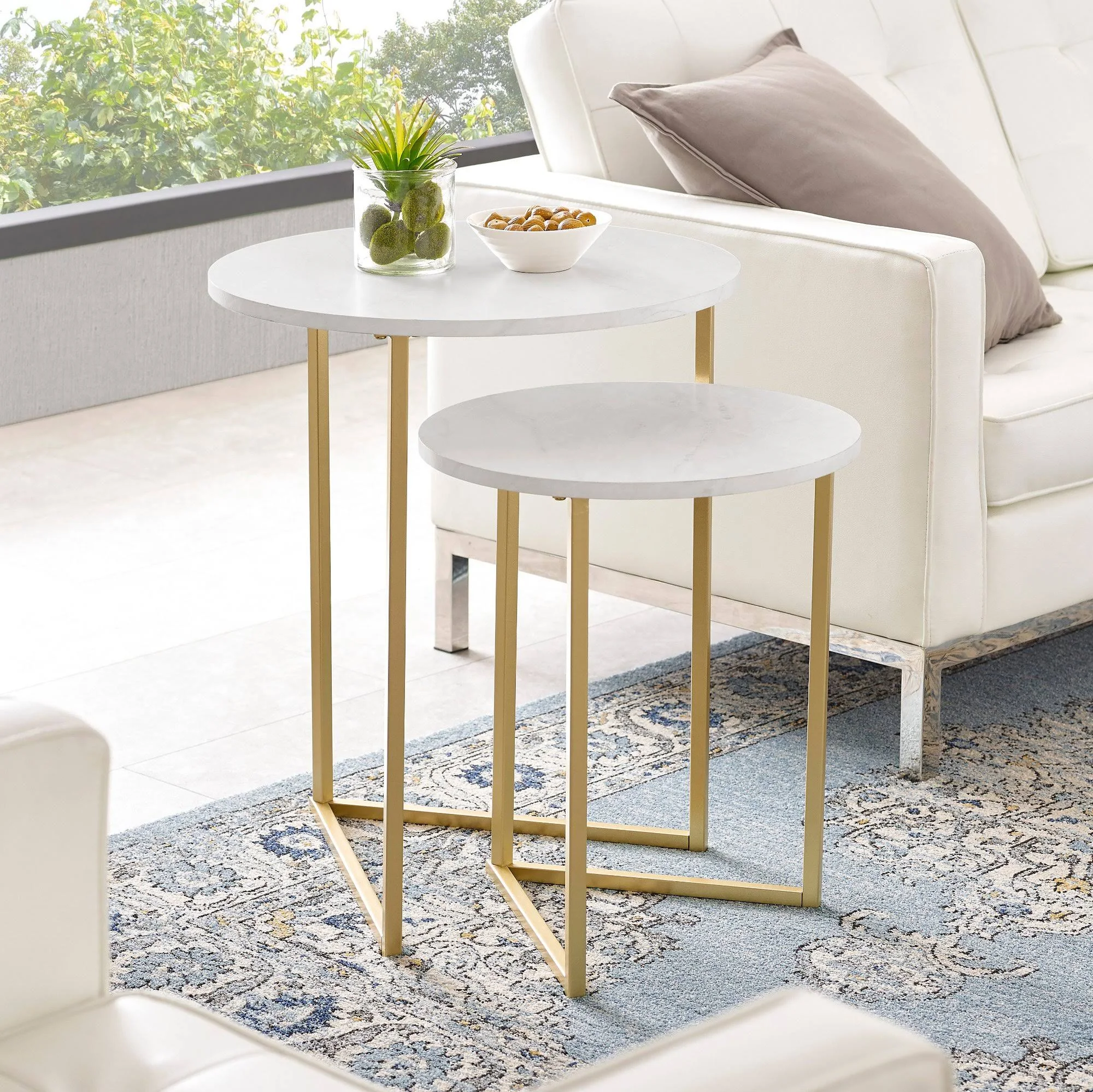Walker Edison 2 Piece V Leg Nesting Side Tables White Faux Marble Gold