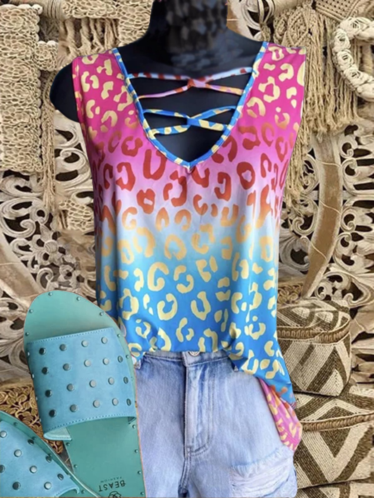 Casual color leopard vest