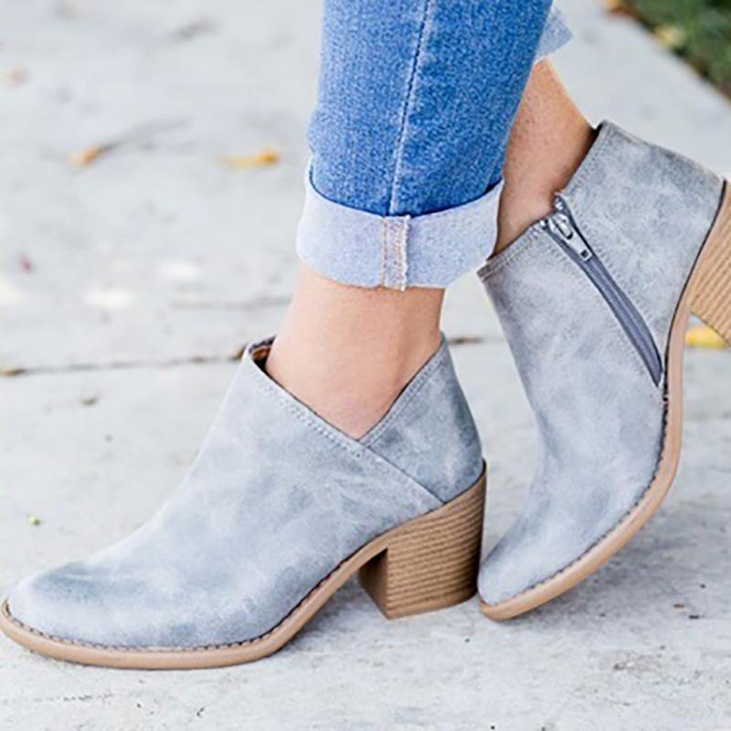 Womens Fashion Ankle Zipper Pointed Toe Chunky Booties