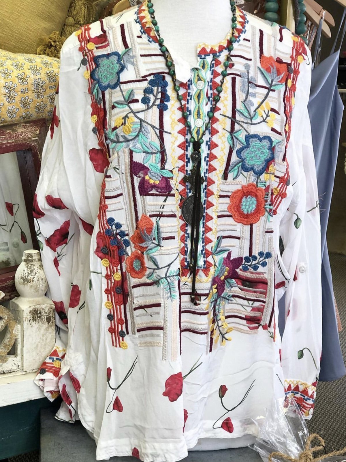 Poppy Geometric V Neck Shift Long Sleeve Shirts & Tops