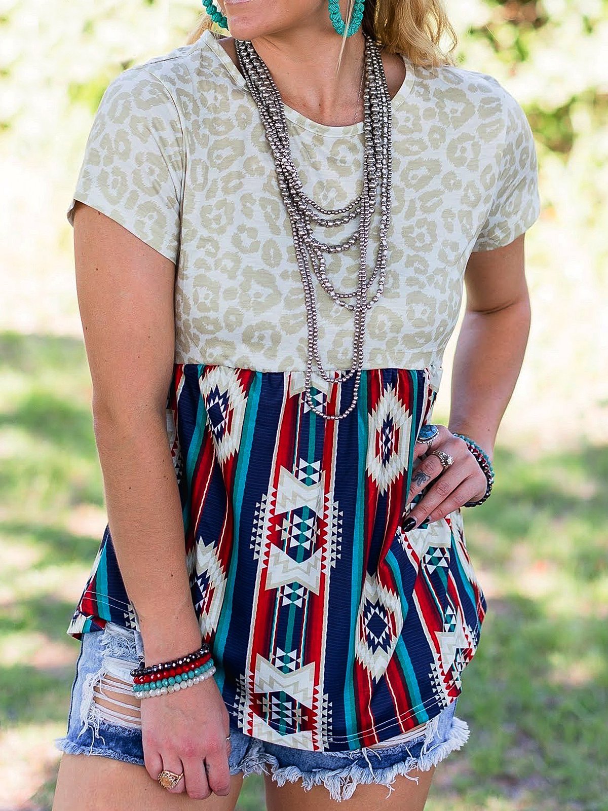 Geometric Short Sleeve Crew Neck Casual Shirts & Tops