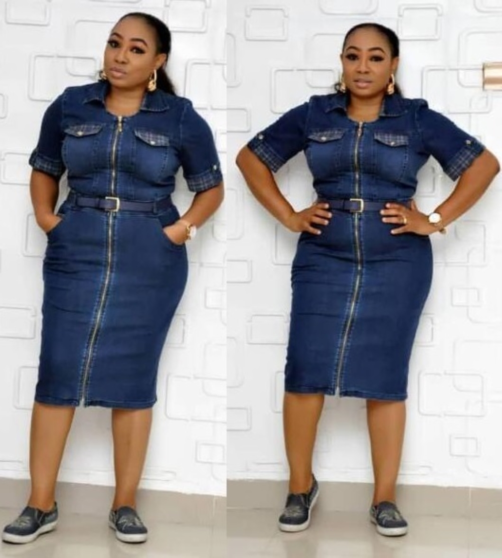 Plus Size African Blue Zipped Up Denim Dress