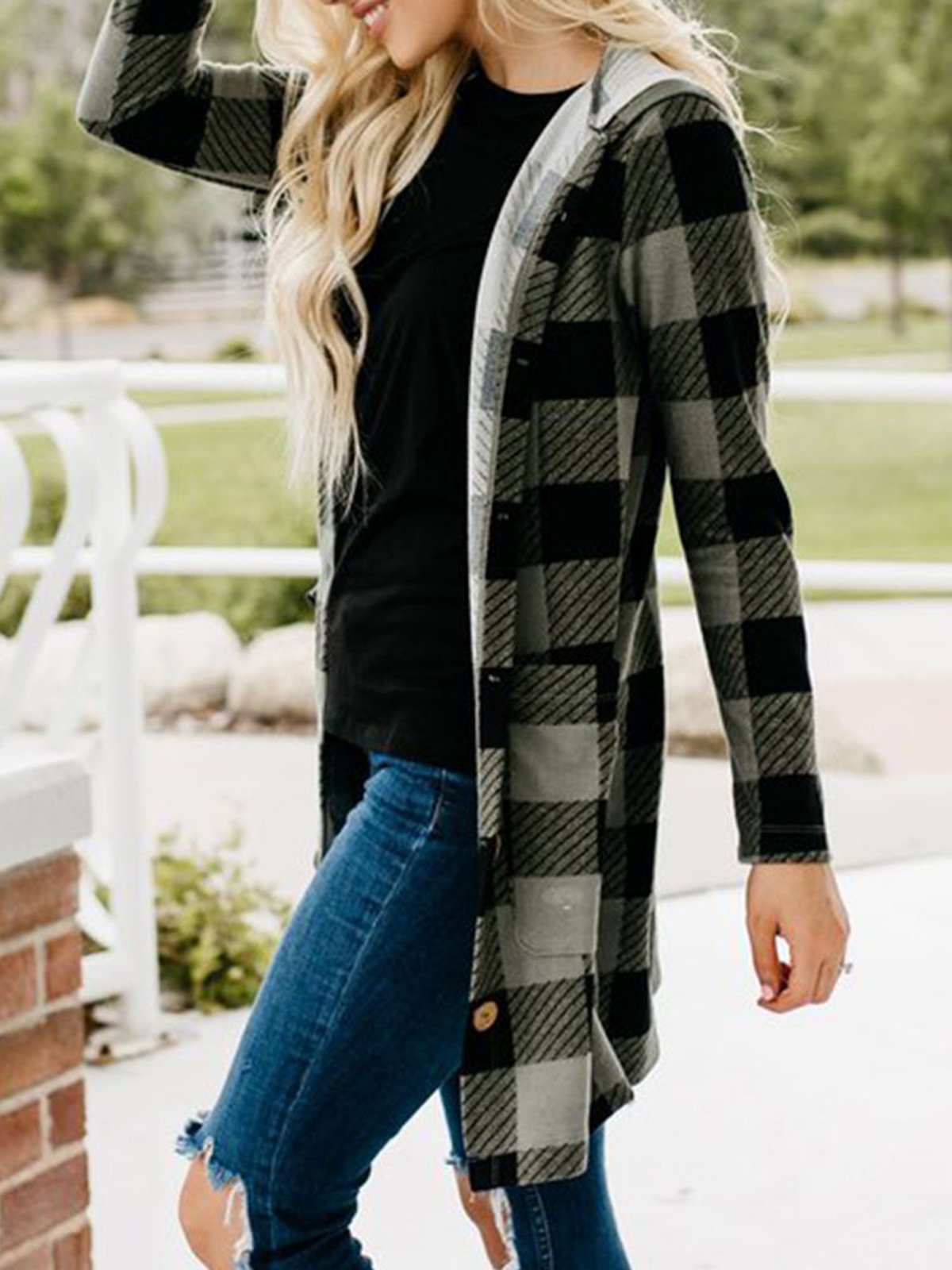 Gingham Casual Buttoned Women's Boyfriend Cardigans With Hoodie
