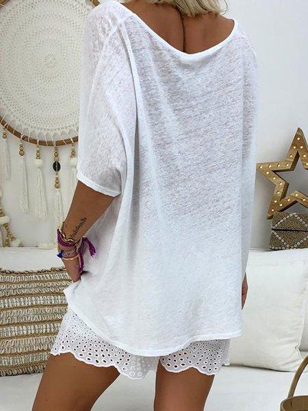 Cotton-Blend Crew Neck Short Sleeve Casual Shirts & Tops