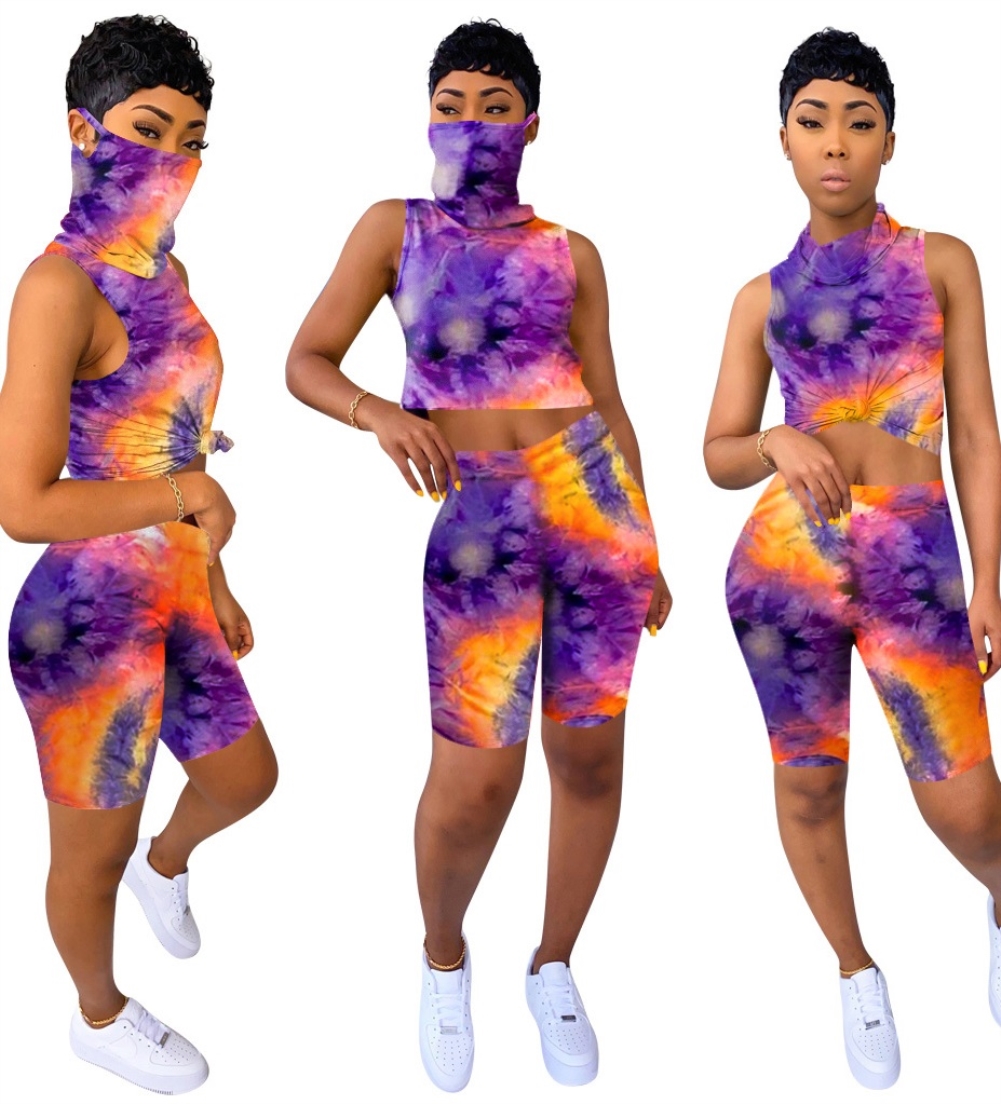 Summer Tie Dye Two Piece Short Set with Face Cover