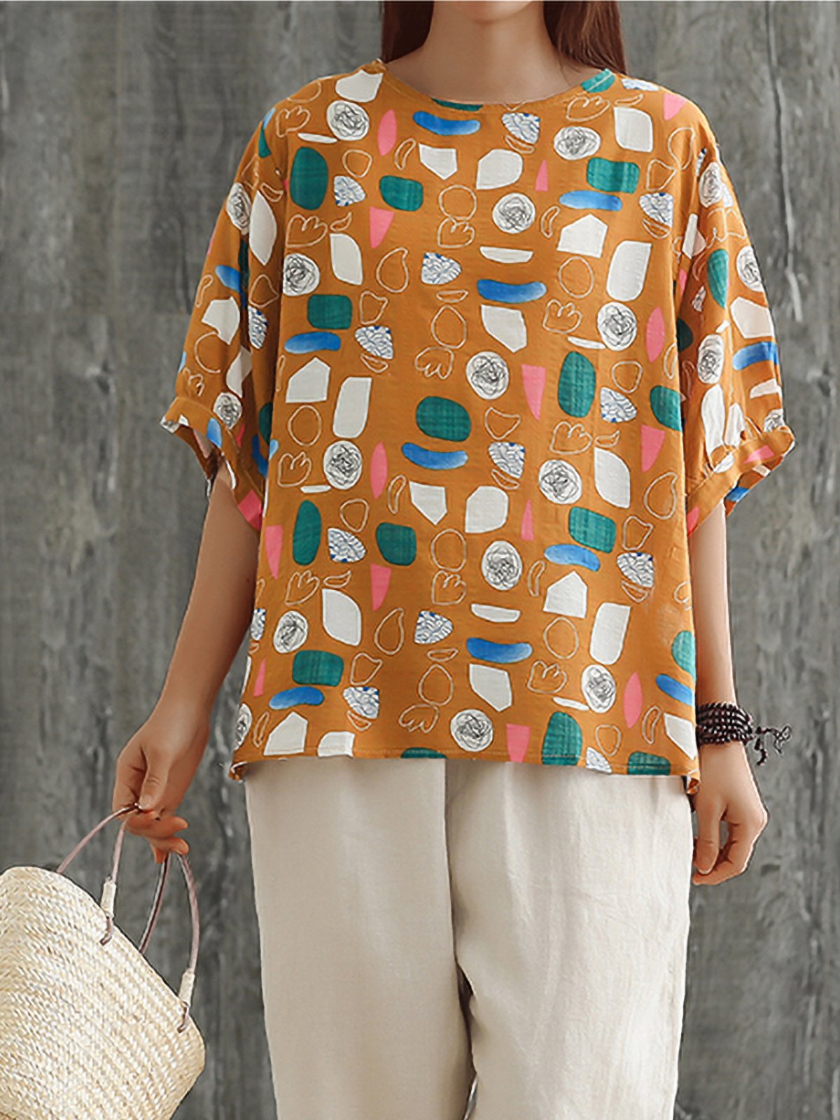 Plus Size Women Cotton And Linen Round Neck Short Sleeve Floral Loose Casual Tops