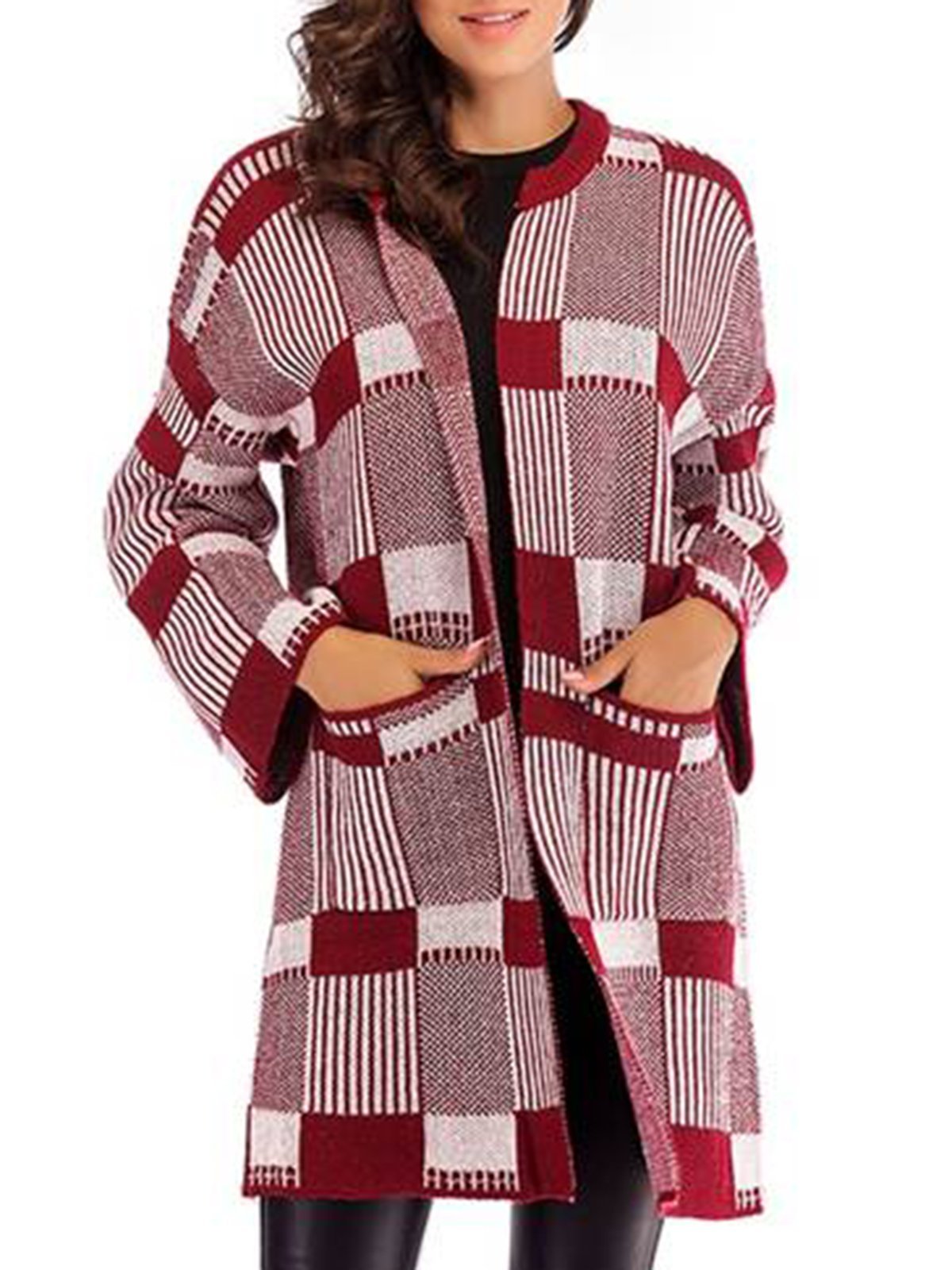 Knitted Casual Paneled Geometric 2018 Women's Warmest Cardigans