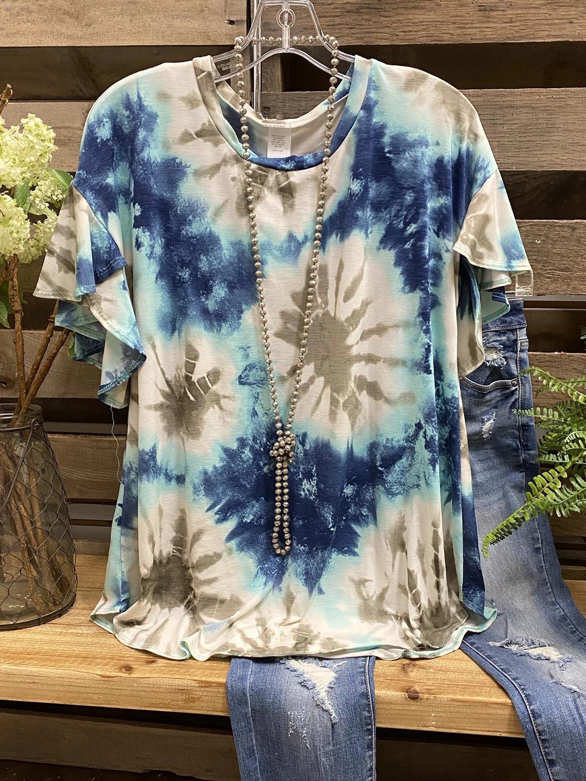 Blue Short Sleeve Dip-Dyed Casual Shirts & Tops