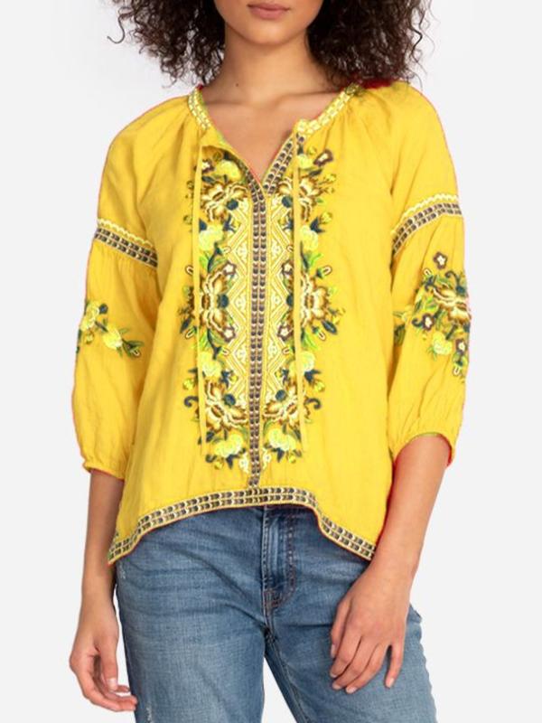 3/4 Sleeve V Neck Floral-print Shirts & Tops