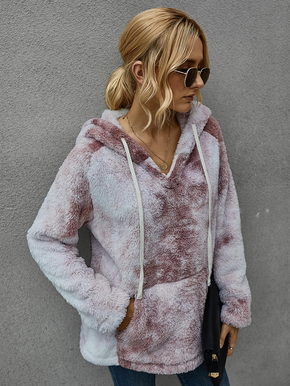 Tie Dye Plush Hoody Top with Pocket