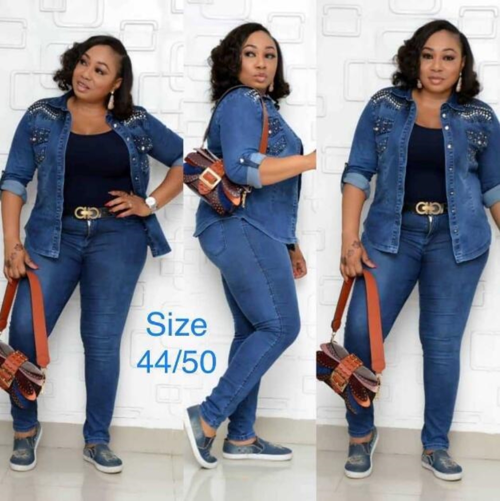 Plus Size African Two Piece Blue Jeans Set