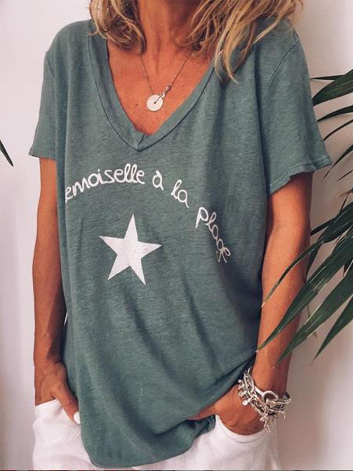 Casual V Neck Letter Short Sleeve Shirts