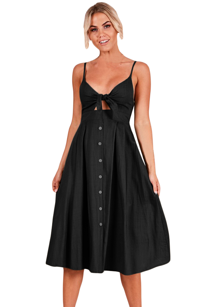 Black Sexy Backless Tie Front Button Skirt Midi Dress