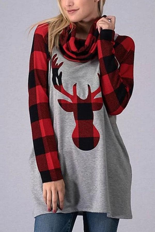 Christmas moose   printed plaid pile collarcoat Hoodies