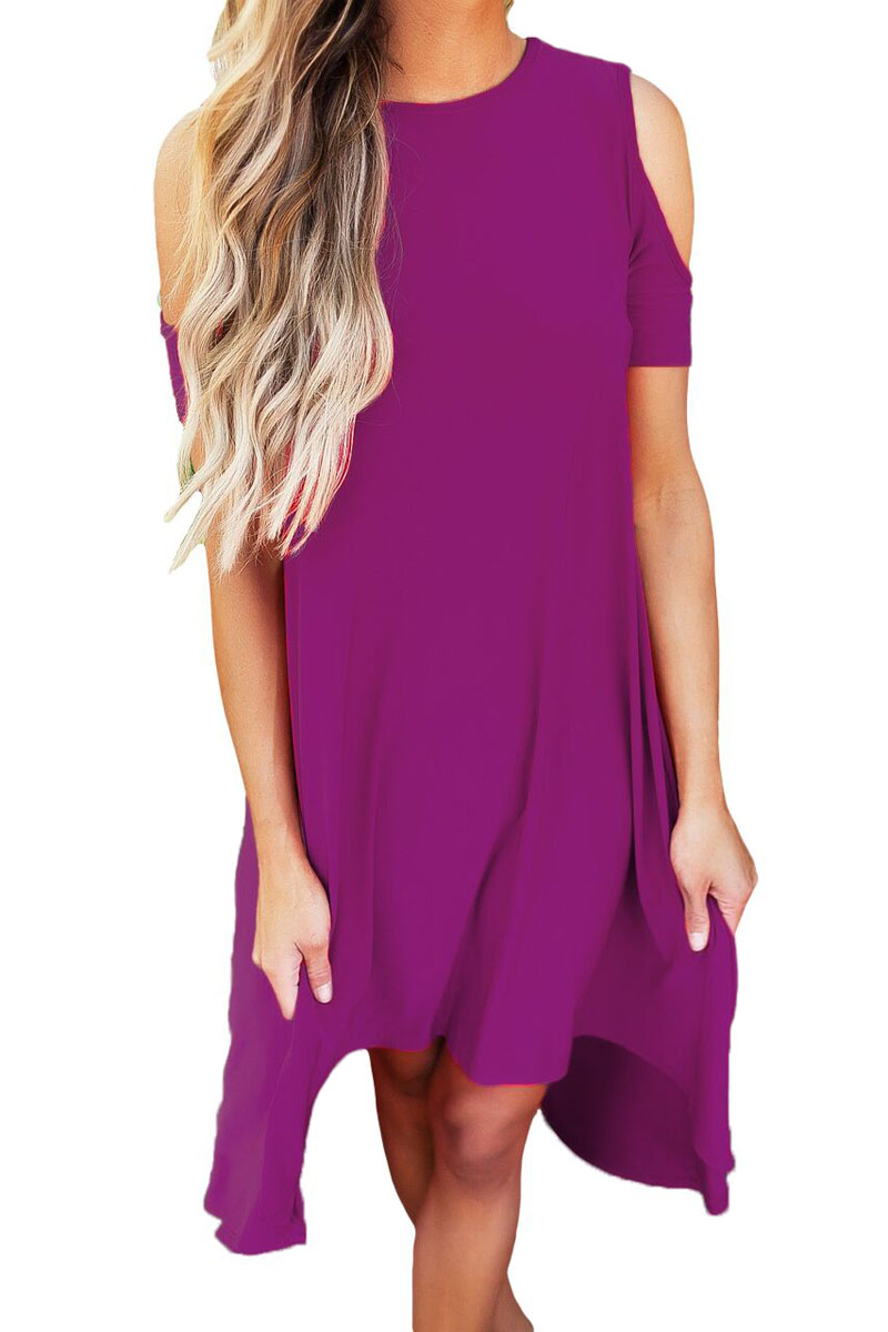 Purple Cold Shoulder Short Sleeve High Low Dress