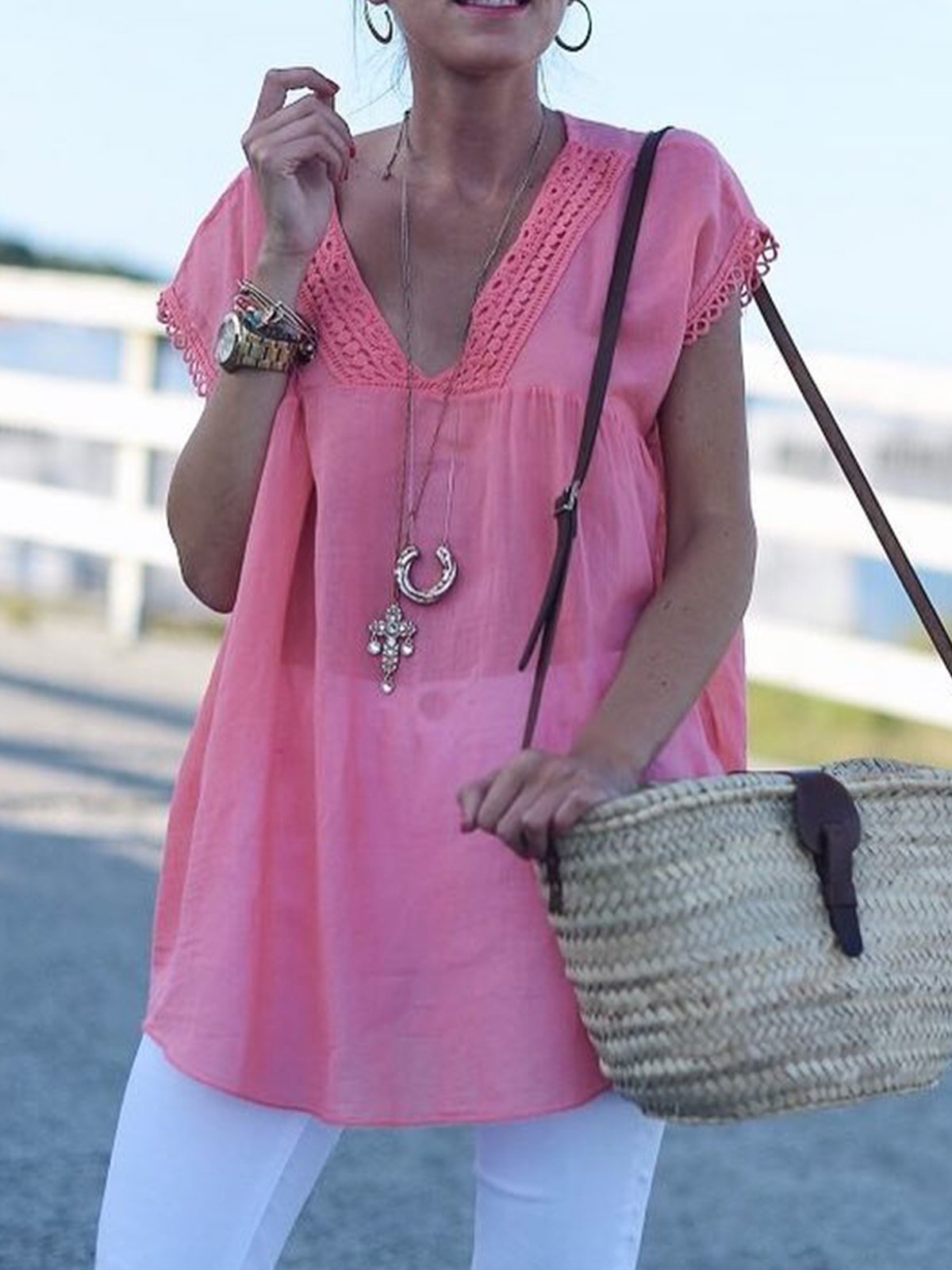 Plus Size Casual V Neck Short Sleeve Tops