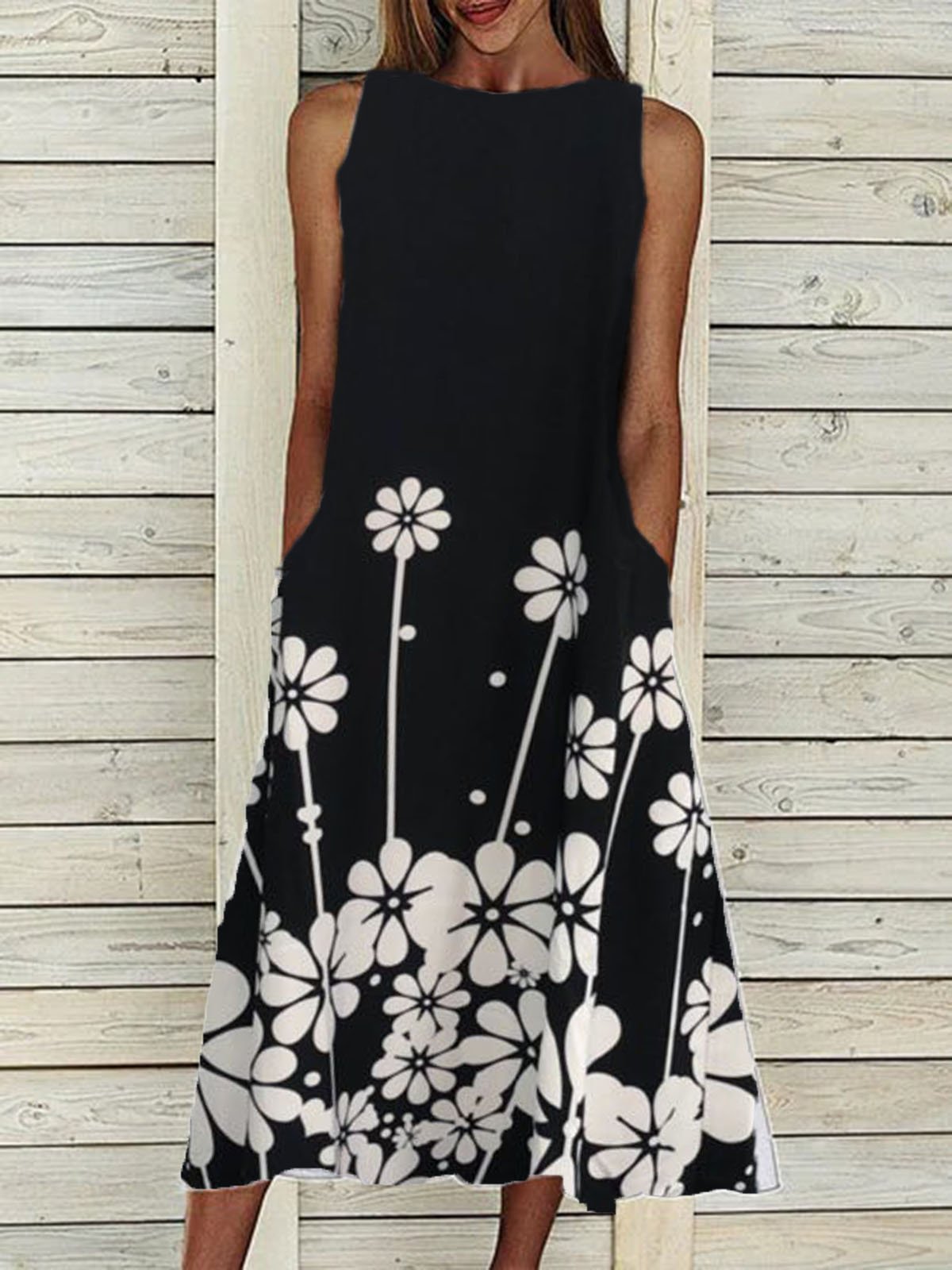 Black Sleeveless Crew Neck Cotton-Blend Dresses