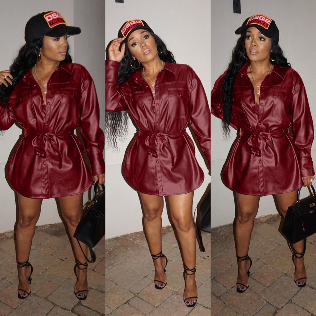 Winter Button Up Leather Shirt Dress with Belt