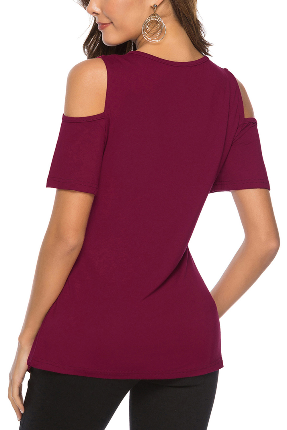 Red Irregular Round Neck Cold Shoulder Blouse