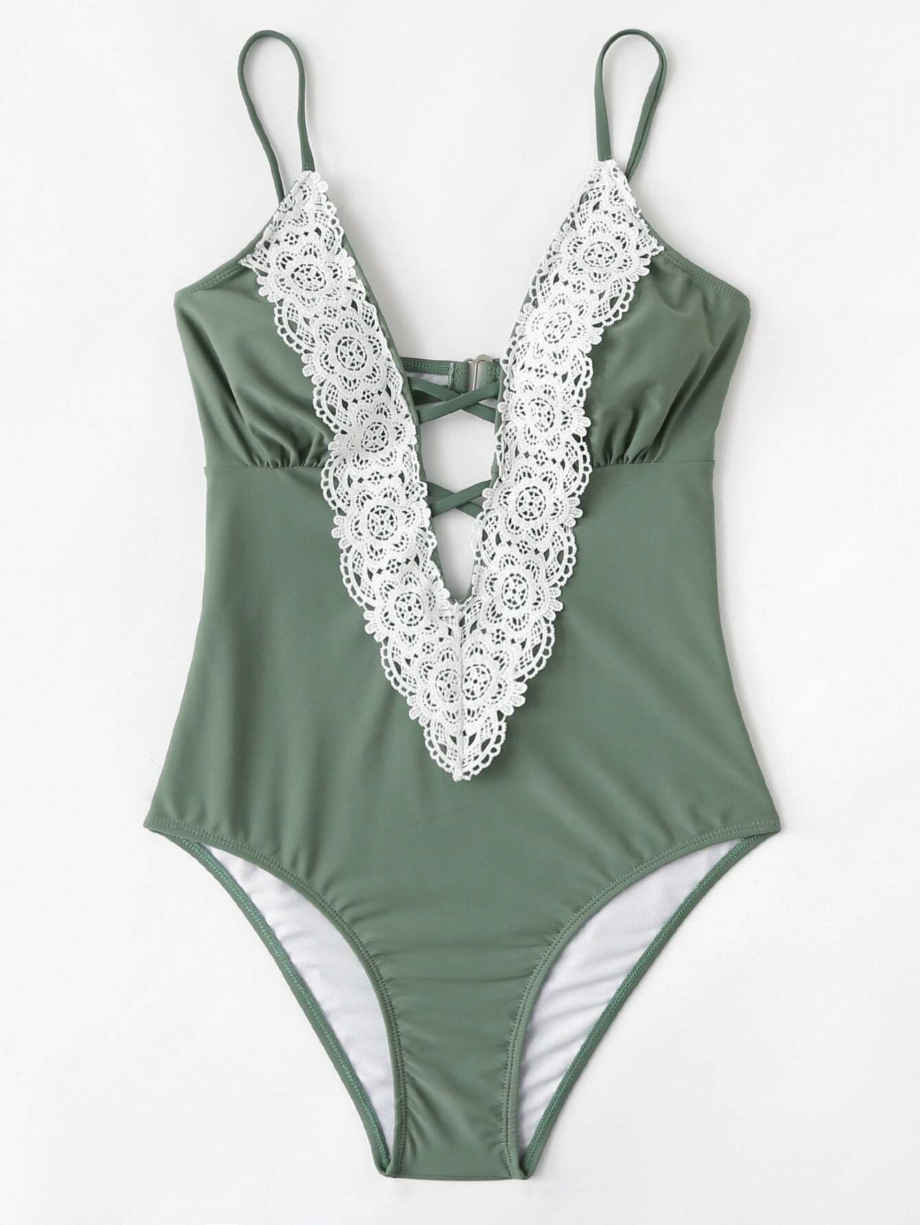 Lace Plunge Collar One-Piece Swimsuit