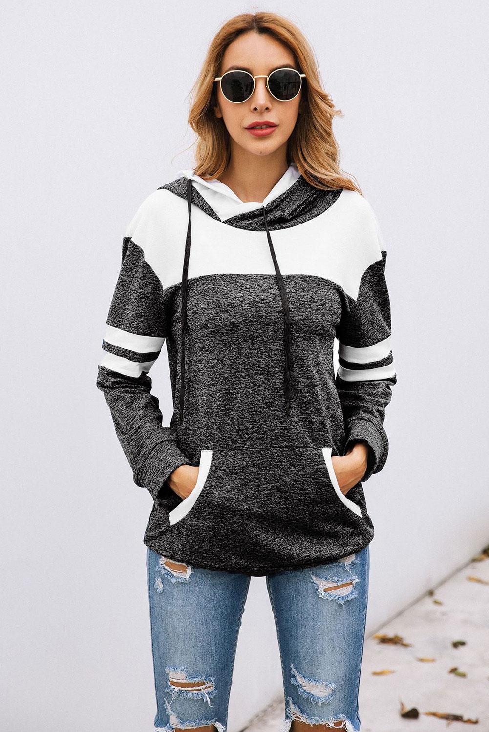 Black Color Block Pullover Hoodie with Pocket