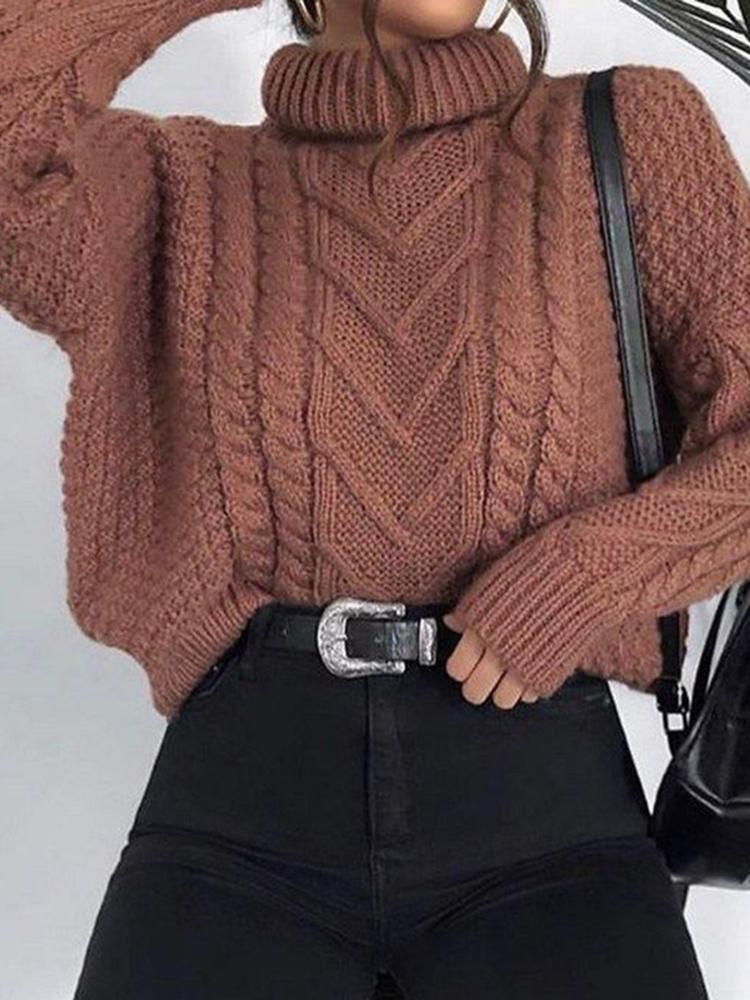 Casual Pile Collar Solid Color Twist Loose Knit Sweater