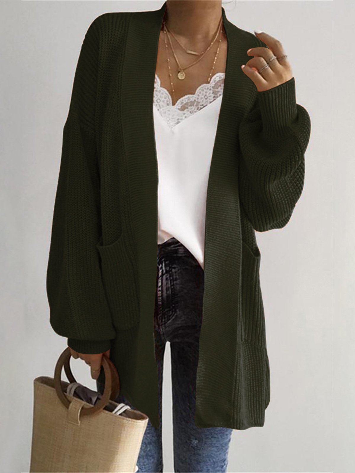 Casual Solid Plain Pocket Cardigan