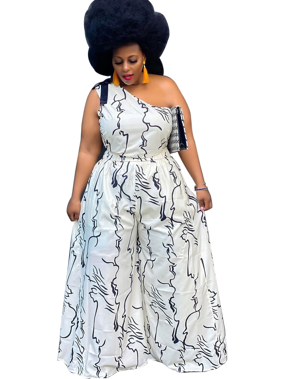 Plus Size Print White One Shoulder Formal Jumpsuit