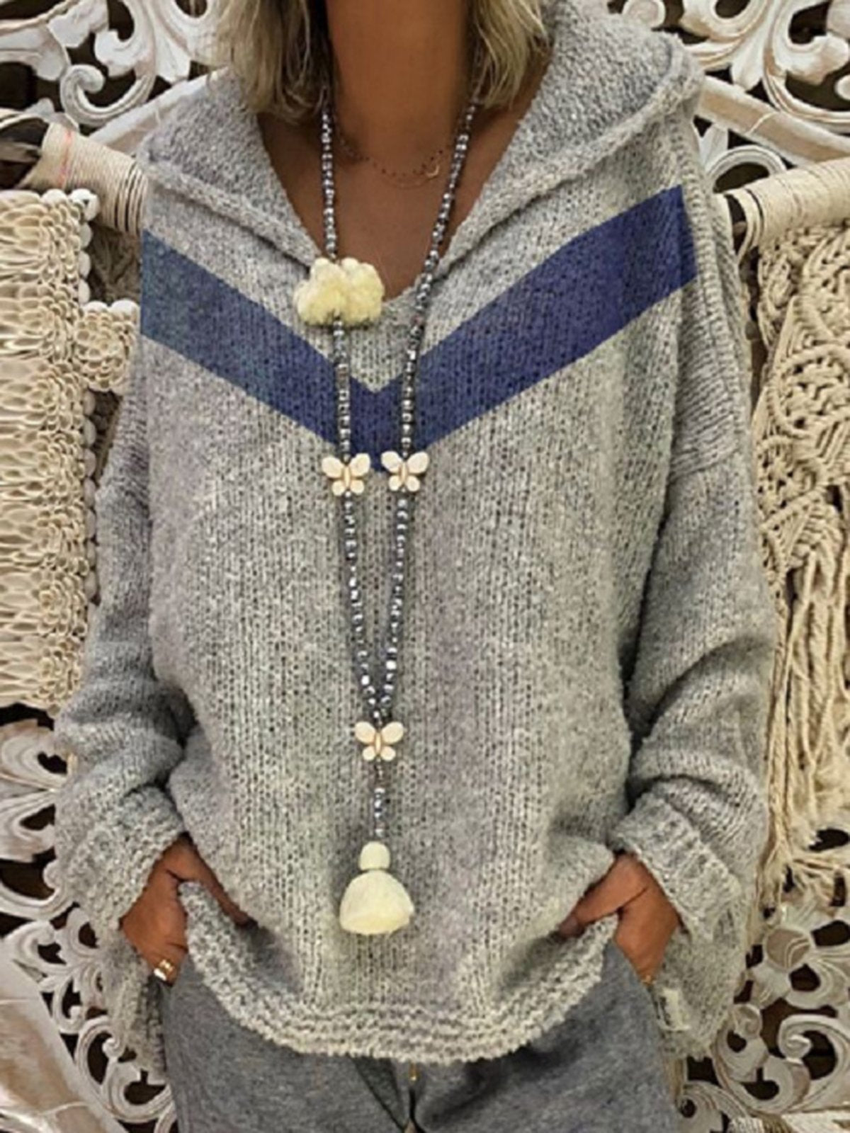 Paneled Acrylic Long Sleeve Hoodie Sweaters